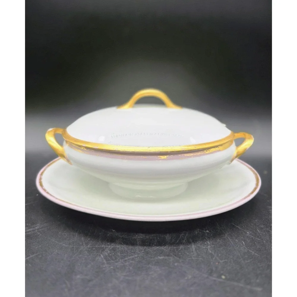 Antique UC Limoges Lidded Sauce Gravy Boat W Attached Underplate 9